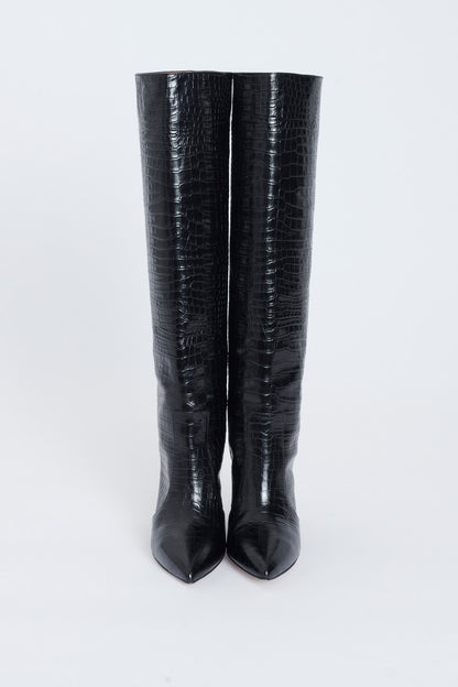 Black Leather Crocodile Embossed Pointed Knee High Boots