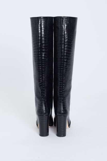 Black Leather Crocodile Embossed Pointed Knee High Boots