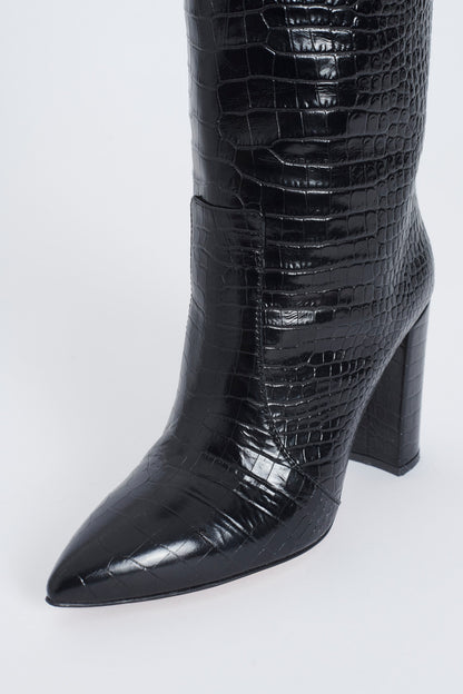 Black Leather Crocodile Embossed Pointed Knee High Boots