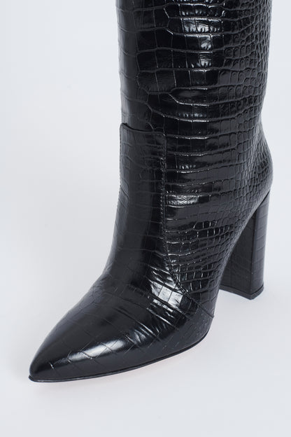 Black Leather Crocodile Embossed Pointed Knee High Boots