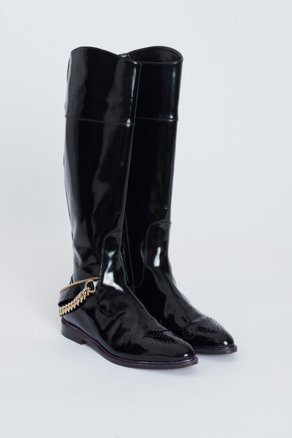 Black Patent Leather Preowned Riding Boots With Gold Chain Detail