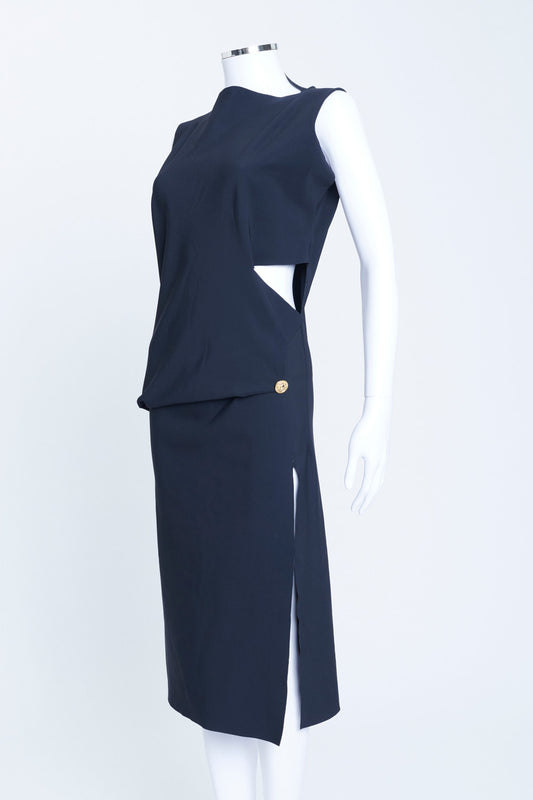 Black Scuba Asymmetric Preowned Midi Dress with Thigh Split