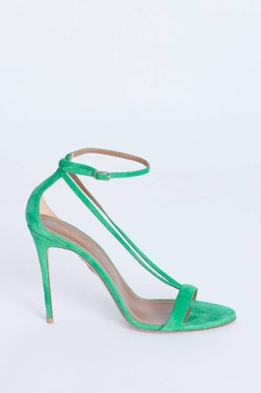 Green suede open toe stiletto heel sandals with ankle strap