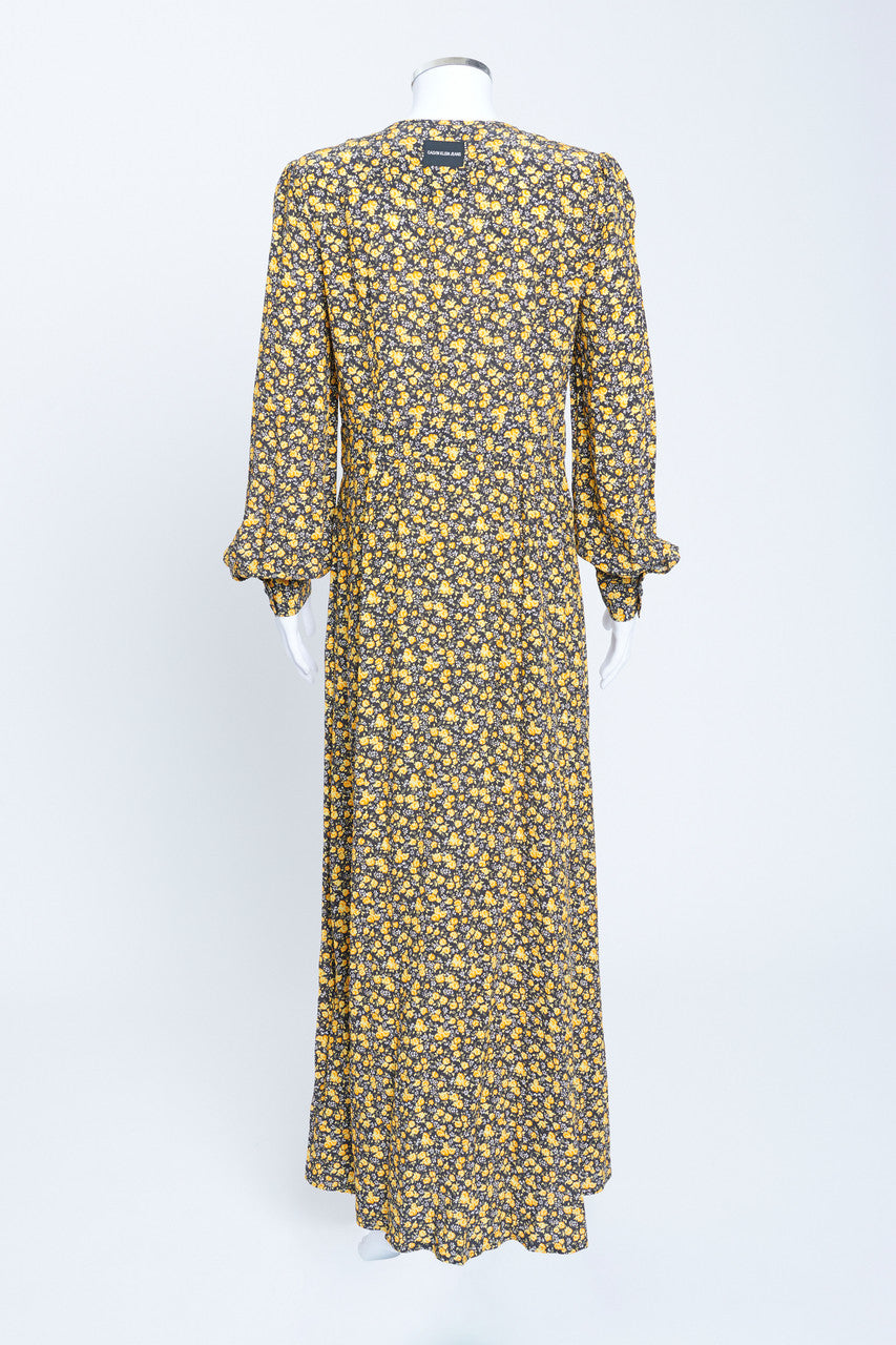 Yellow Floral Print Long Sleeve Maxi Dress