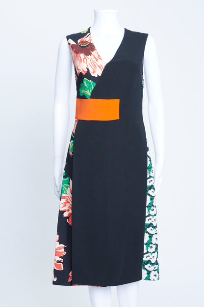 Black And Floral Crepe Panelled Sleeveless Dress