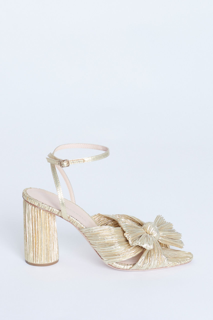 Gold Plisse-Lame Bow Embellished Camellia Heeled Sandals