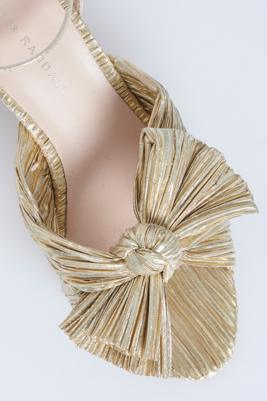 Gold Plisse-Lame Bow Embellished Camellia Heeled Sandals