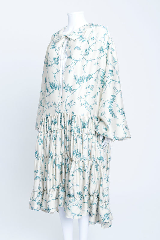 Cream and Blue Floral Print Oversized Mestolo Smock Dress