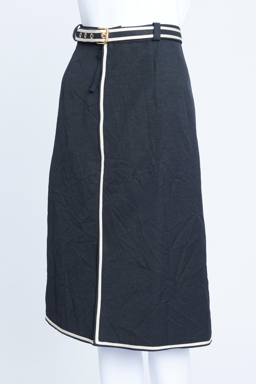 Navy Blue Belted Midi Skirt with White Edging
