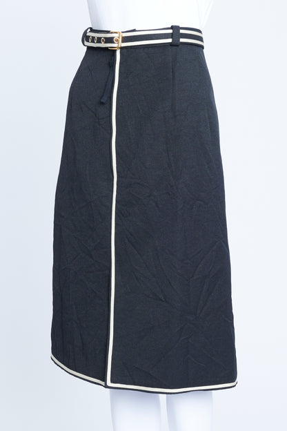 Navy Blue Belted Midi Skirt with White Edging