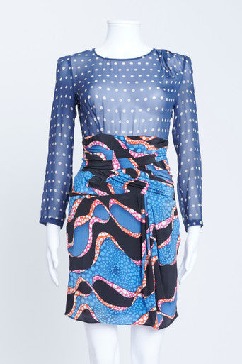 Blue Silk Printed Above The Knee Dress