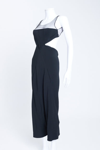 Black Crepe Jumpsuit With Mesh Paneling