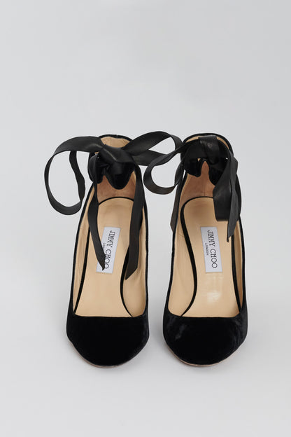 Black Velvet Preowned Pumps with Ribbon Ankle Tie