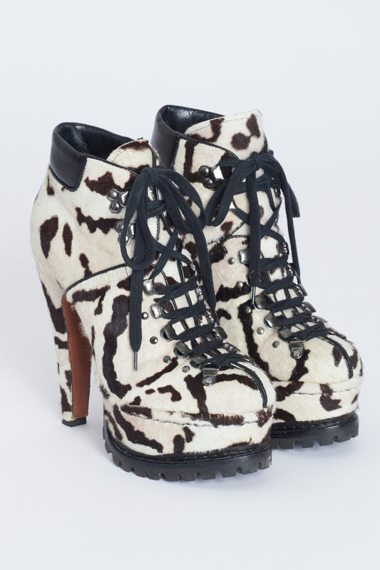 Cream and Brown Snow Leopard Calf Hair Heeled Preowned Hiking Boots