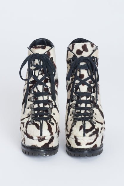 Cream and Brown Snow Leopard Calf Hair Heeled Preowned Hiking Boots