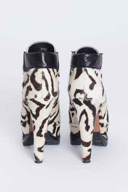 Cream and Brown Snow Leopard Calf Hair Heeled Preowned Hiking Boots