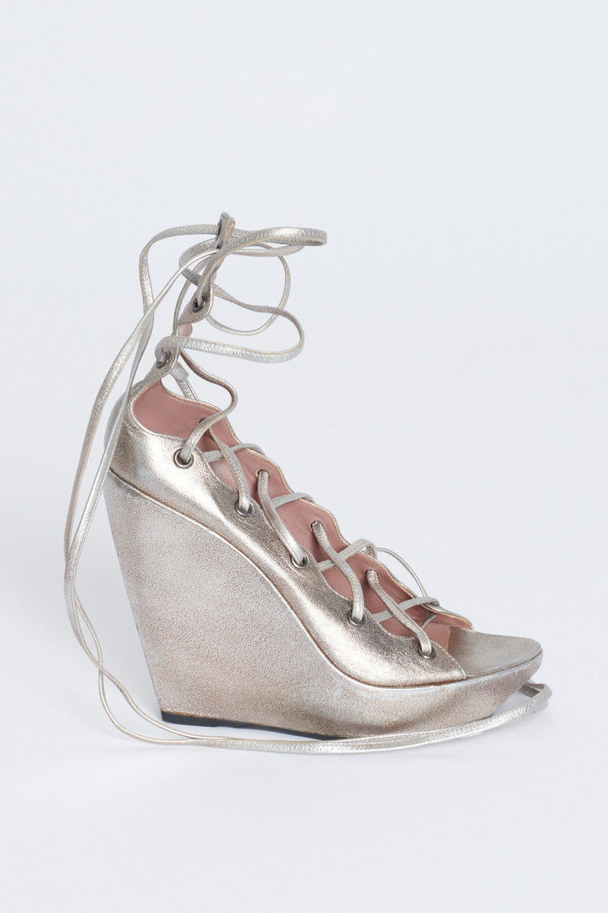 Pale Gold Leather Lace Up Preowned Wedge Sandals