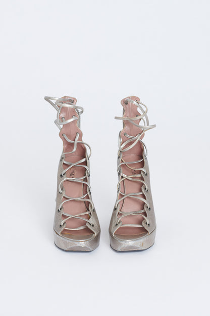 Pale Gold Leather Lace Up Preowned Wedge Sandals