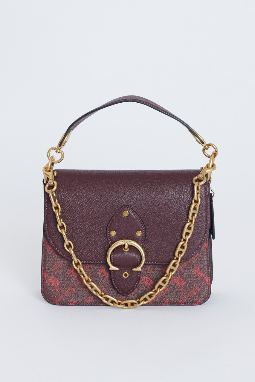 Burgundy Leather Preowned Shoulder Bag With Horse And Carriage Print