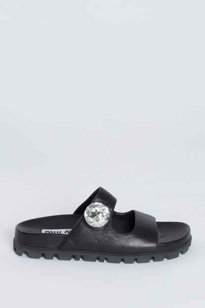 Black Leather Crystal Embellished Preowned Slides With Rubber Sole