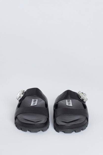 Black Leather Crystal Embellished Preowned Slides With Rubber Sole