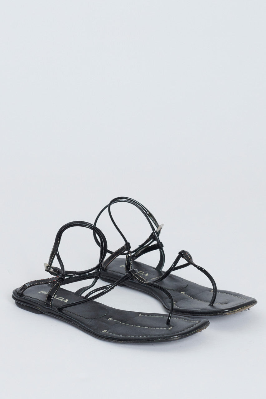 Black Patent Leather Strappy Preowned Flat Sandals