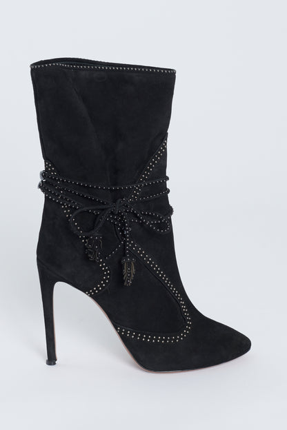 Black Suede Gunmetal Studded Stiletto Heeled Preowned Boots