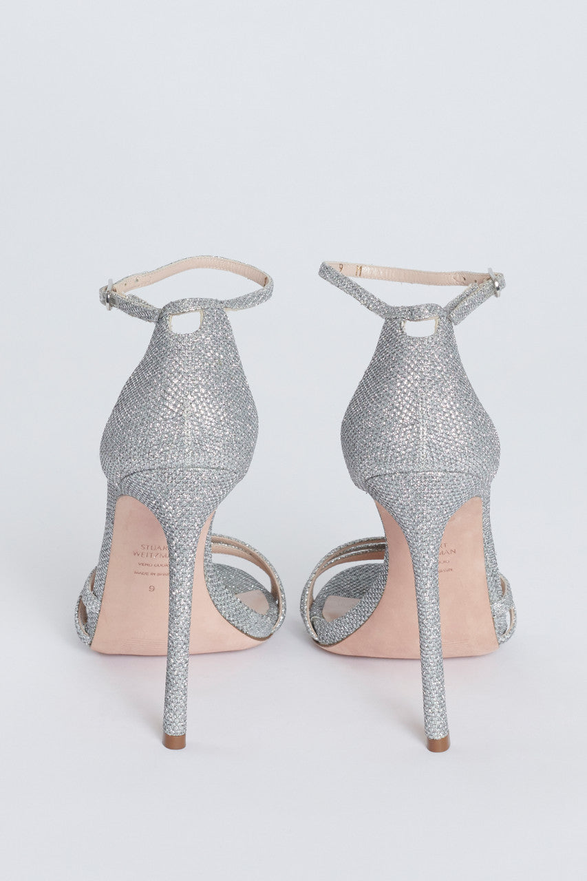 Silver Glitter Leather Nudist Disco Preowned Heeled Sandals