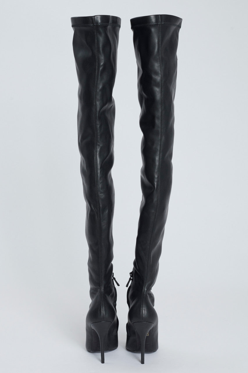 Black Leather Knife Preowned Thigh High Boots with Gold BB