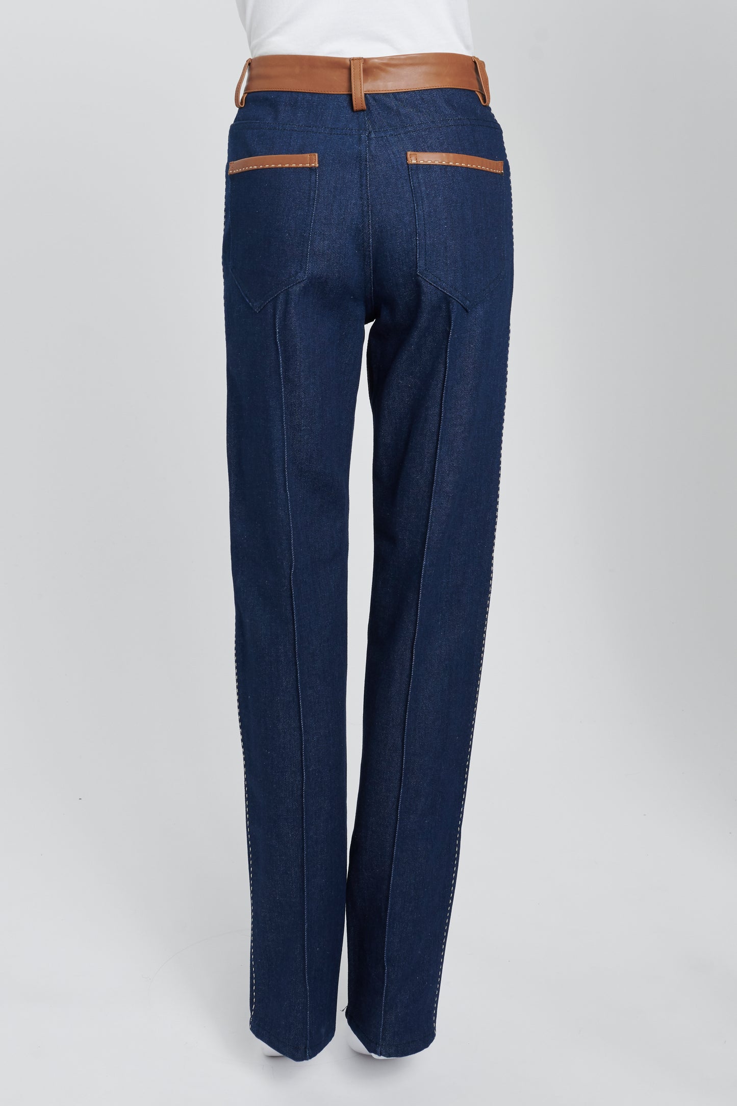 Indigo High-Waisted Jeans With Brown Leather Trim