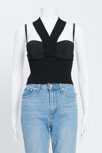Black Halter Neck Ribbed Top With Built-In Bra