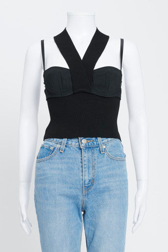 Black Halter Neck Ribbed Top With Built-In Bra