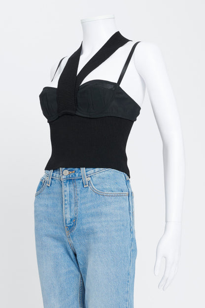 Black Halter Neck Ribbed Top With Built-In Bra