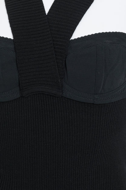Black Halter Neck Ribbed Top With Built-In Bra