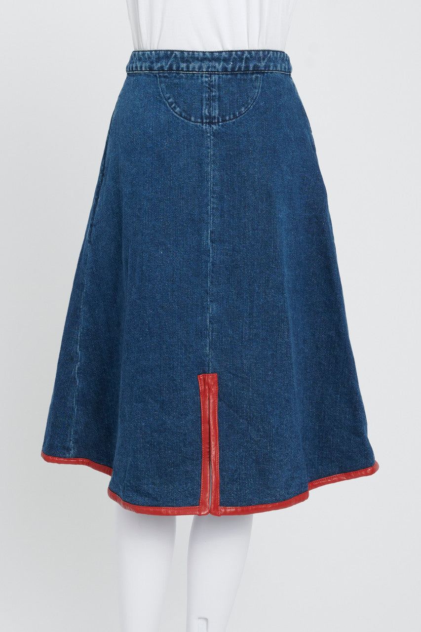 Indigo Denim Cotton & Linen-Blend Wrap Skirt With Red Leather Trim