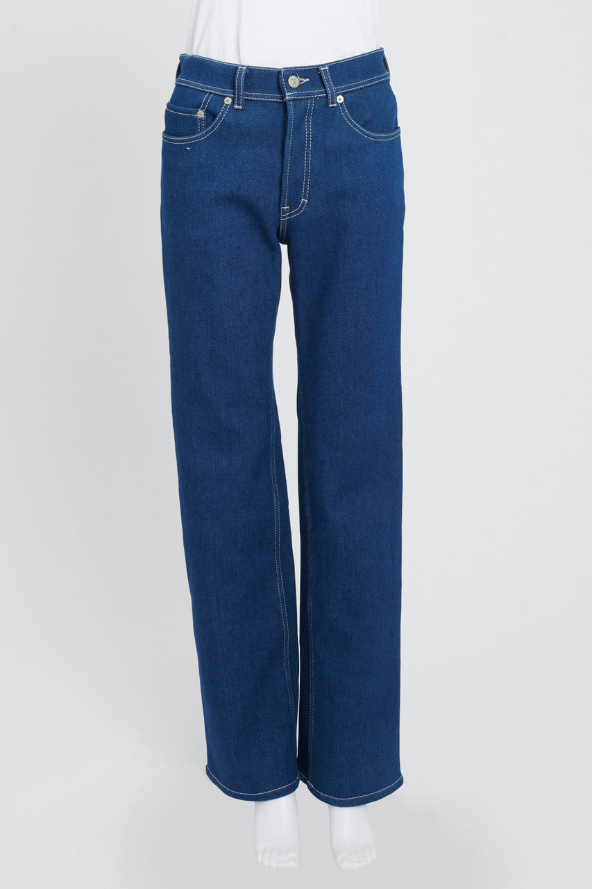 Blue Mid Denim Long High-Rise Straight Leg Jeans
