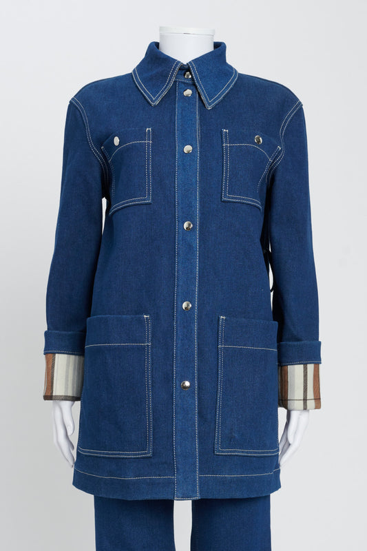 Indigo Denim Preowned Coat with Striped Cuffs