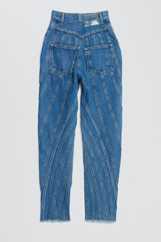 Mid-Blue Denim Panelled High-Waist Jeans