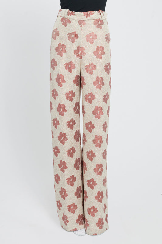 Beige Cotton Floral Carrie High-Waist Wide Leg Trousers