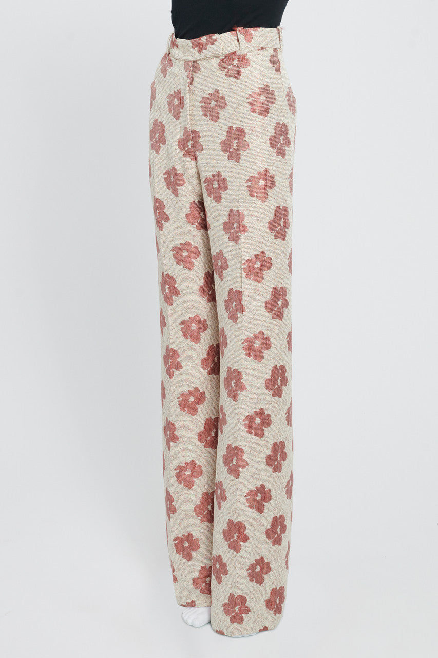 Beige Cotton Floral Carrie High-Waist Wide Leg Trousers