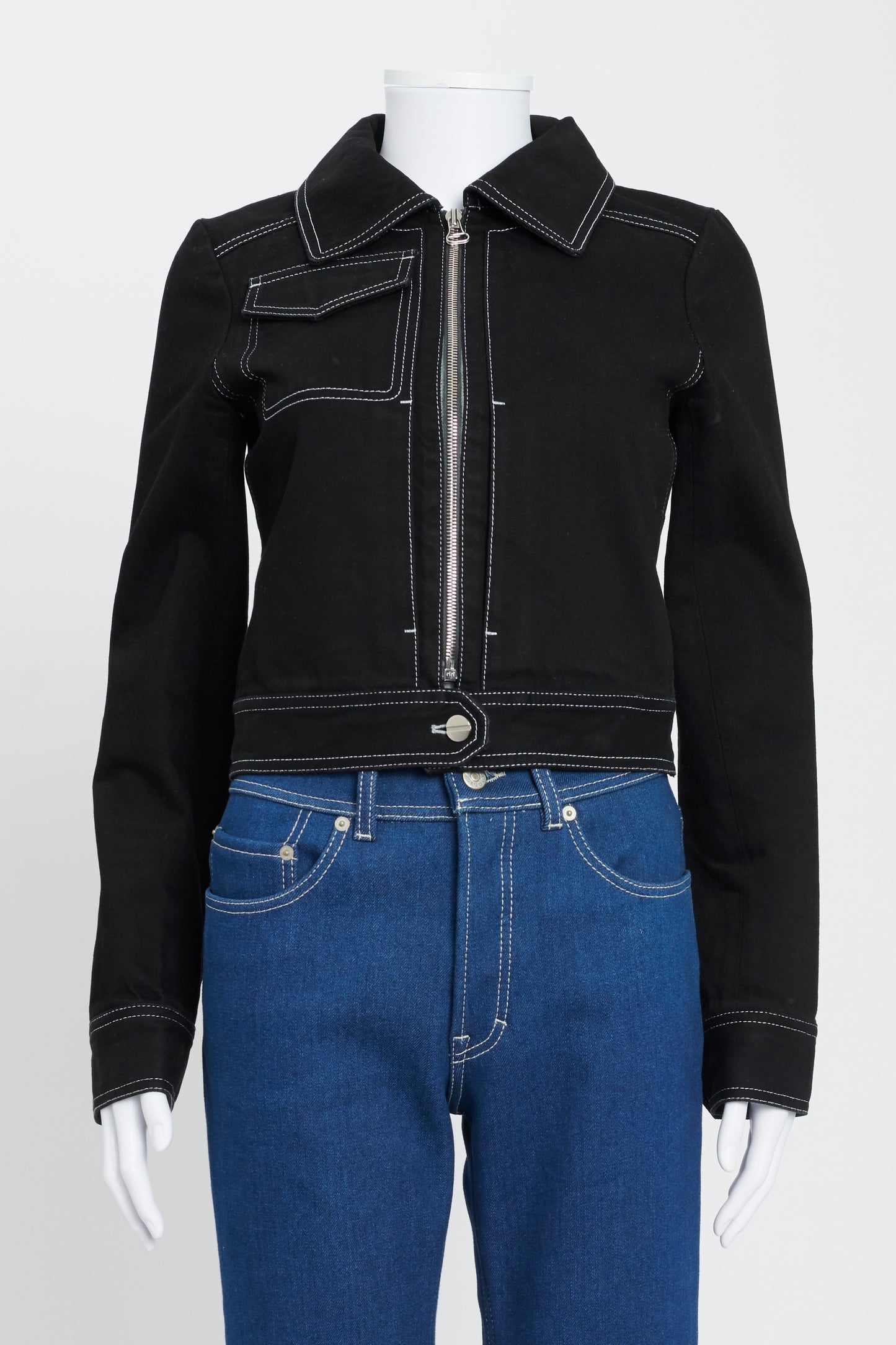Black Cropped Zip-Up Jacket With Stitching Detail