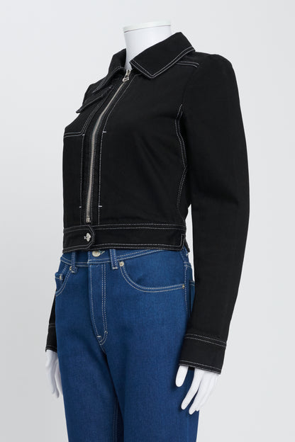 Black Cropped Zip-Up Jacket With Stitching Detail
