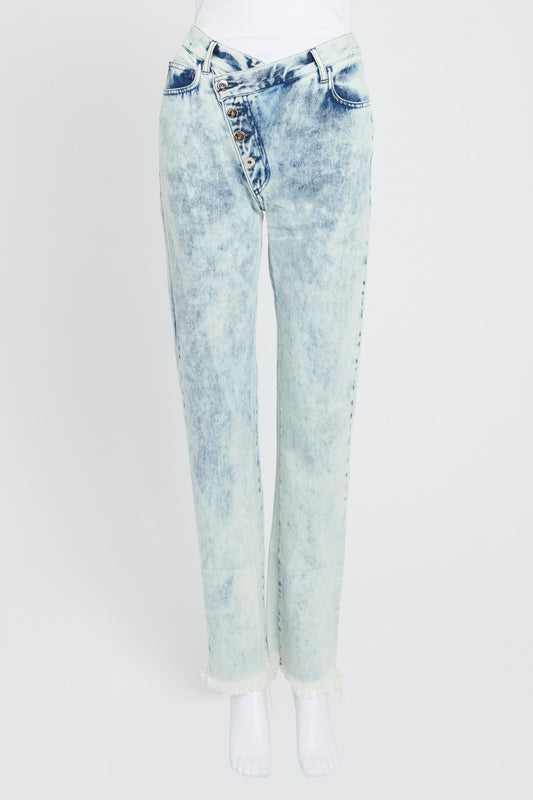 Blue Acid Wash Straight Leg Jeans With Stepped Waistband