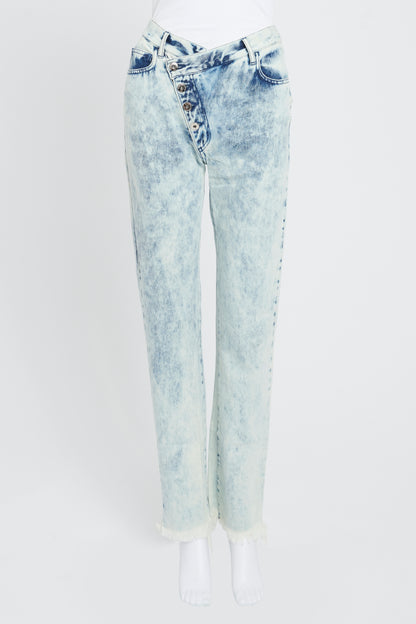 Blue Acid Wash Straight Leg Jeans With Stepped Waistband