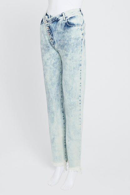 Blue Acid Wash Straight Leg Jeans With Stepped Waistband