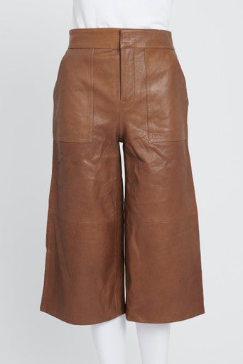 Brown Leather High-Waist Culotte Shorts