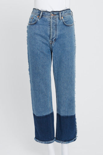 Mid-Blue and Indigo Contrasting Jeans With Frayed Detailing