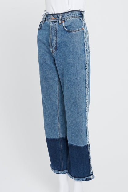 Mid-Blue and Indigo Contrasting Jeans With Frayed Detailing