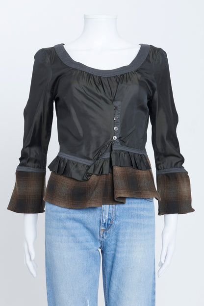 Khaki Long Sleeved Top With Contrast Texture Detailing