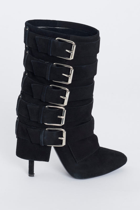 Black Suede Multi Buckle Stiletto Heel Preowned Boots